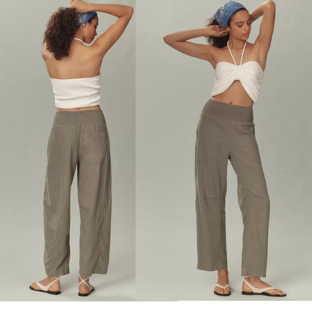 Anthropologie The Reese Smocked Pull-On Barrel Pants size L green color - Picture 2 of 7